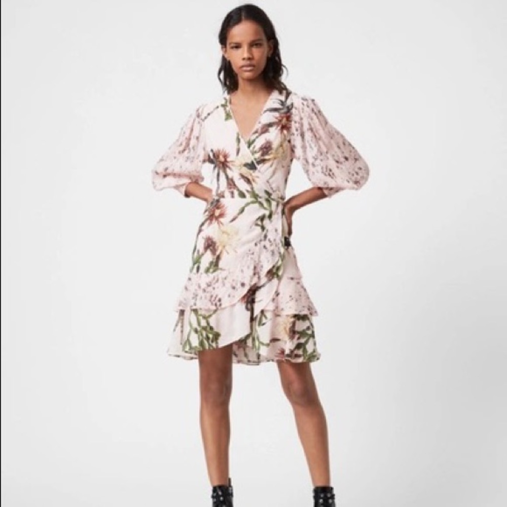 AllSaints Clay Pink Ari Nolina Floral-print Crepe Mini Wrap Dress